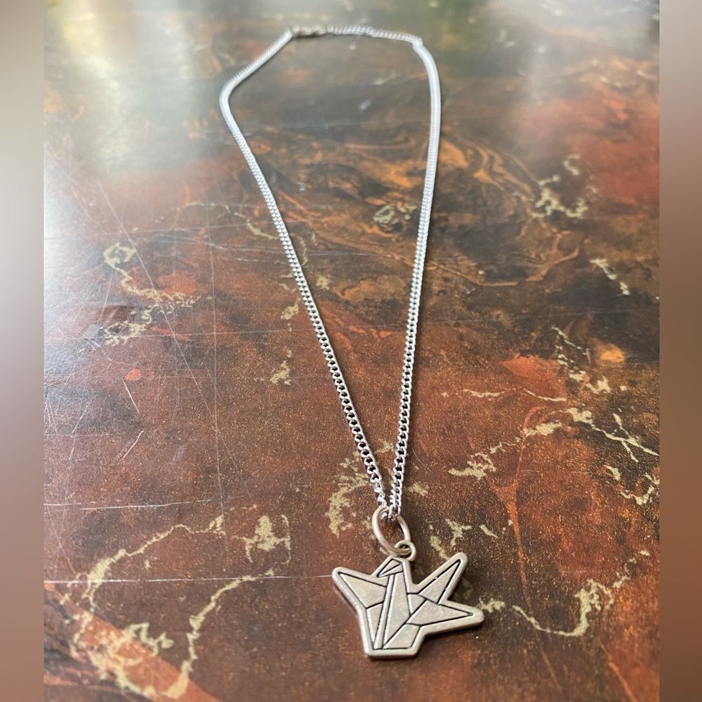 Origami Paper Crane Symbol Silver Necklace